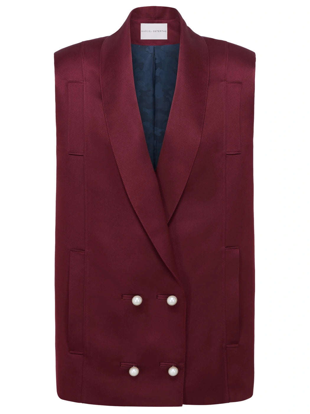 Marcel Ostertag Damen-Weste in Blazer Style aus Satin in Bordeaux, zweireihig mit Schalkragen und Perlenknöpfen, Vorderansicht.