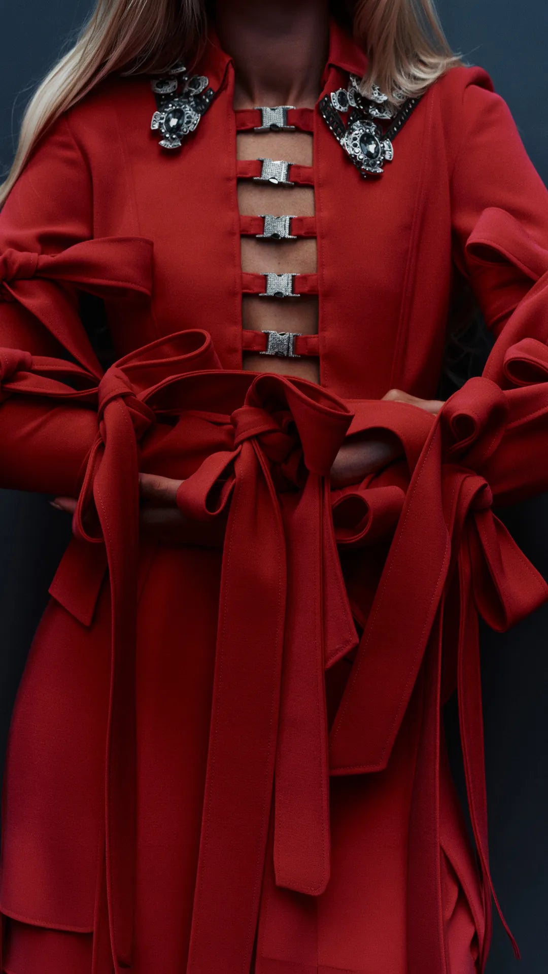Marcel Ostertag Dancing Flowers Kampagne – Detail: rote Schleifen und Kristallschnallen am Kleid