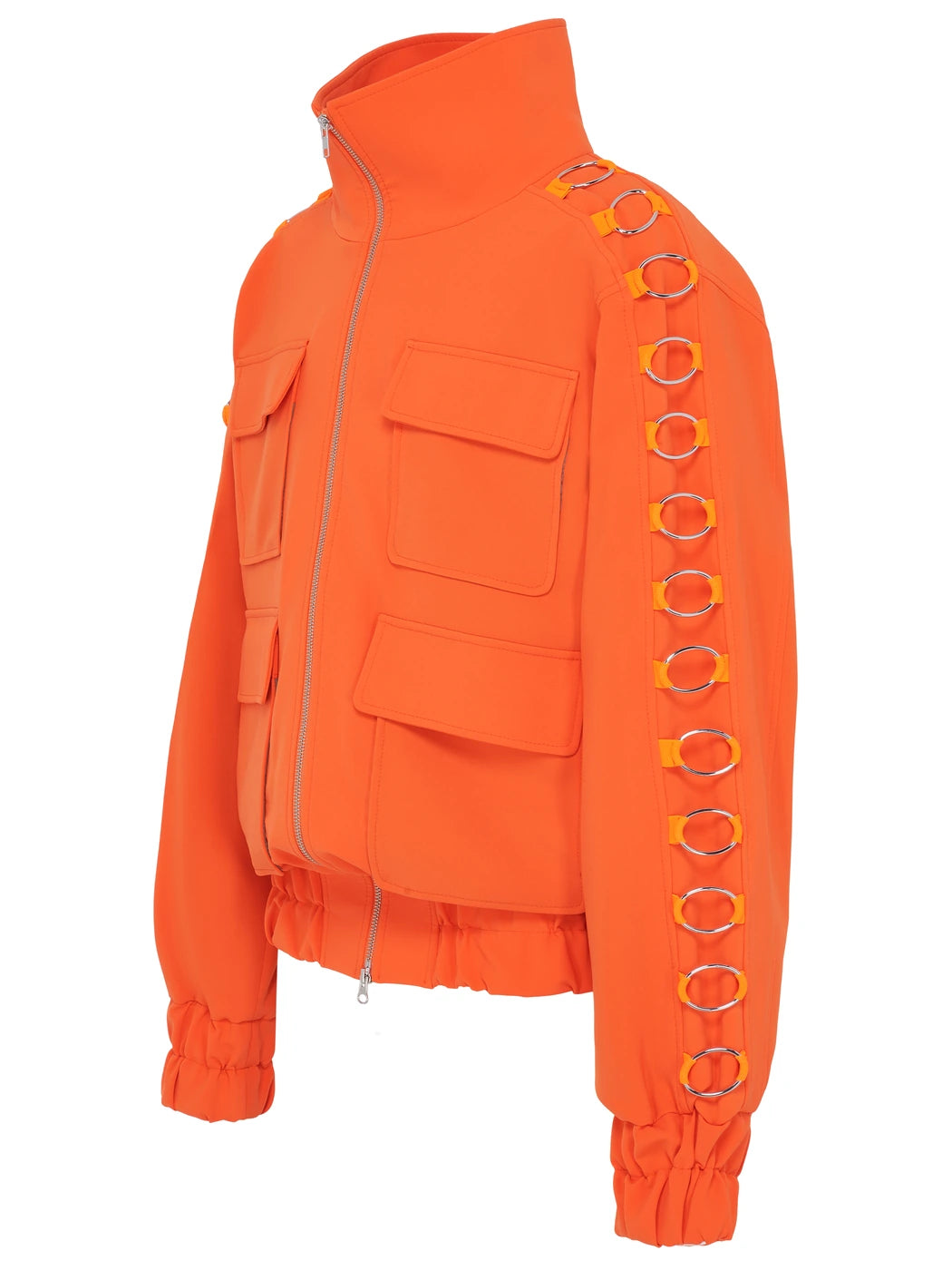 Marcel Ostertag Herren-Bomberjacke in Orange mit Metallringen in Silber und hohem Stehkragen, Seitenansicht.