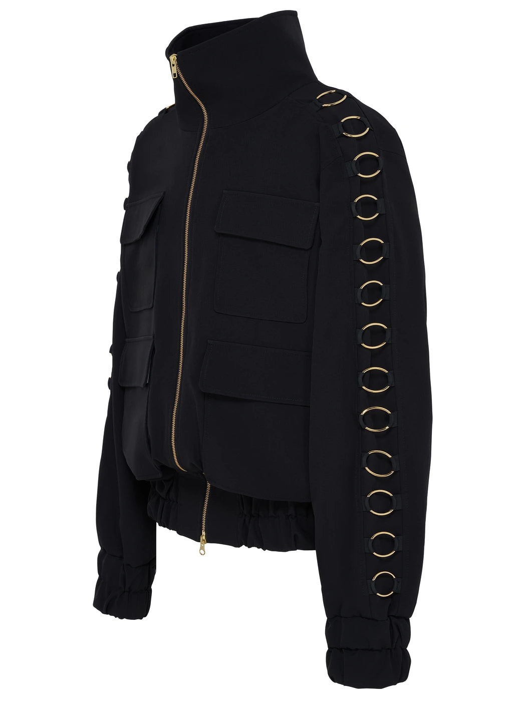 Marcel Ostertag Herren-Bomberjacke in Schwarz mit Metallringen in Gold und hohem Stehkragen, Seitenansicht.