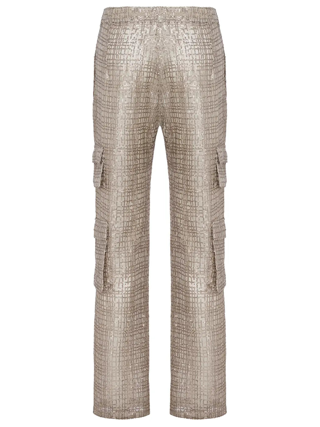 Marcel Ostertag Herren-Cargohose aus Paillettenstoff in Gold-Metallic mit lockerem Schnitt, Rückansicht.