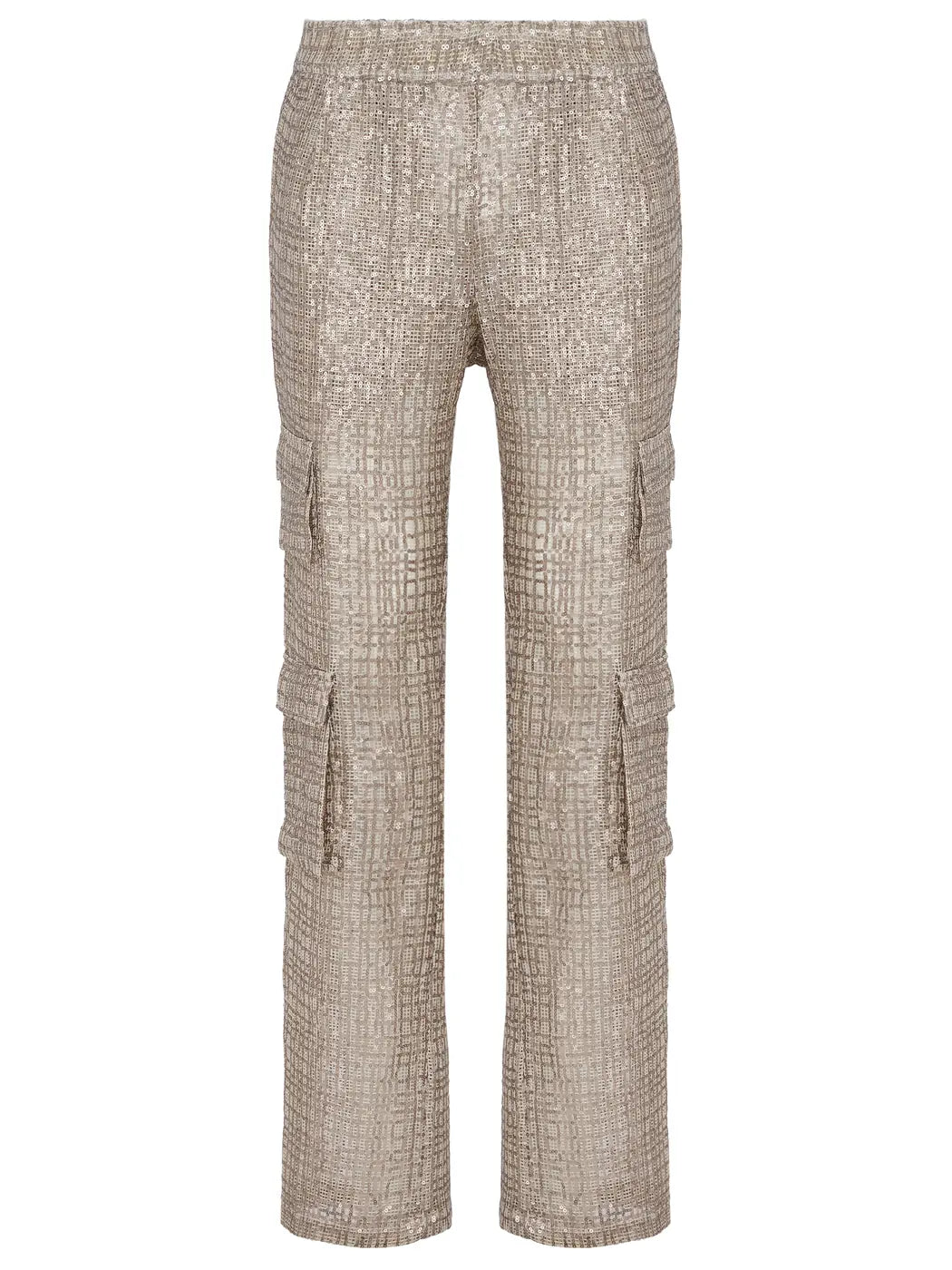 Marcel Ostertag Herren-Cargohose aus Paillettenstoff in Gold-Metallic mit aufgesetzten Cargotaschen, Vorderansicht.