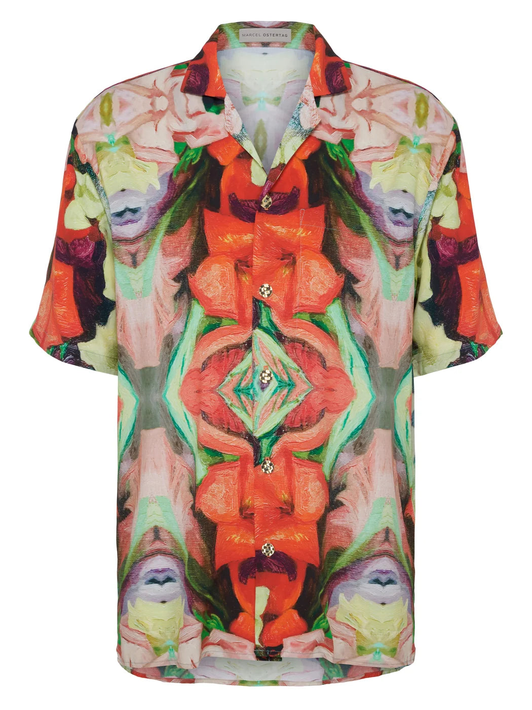 Marcel Ostertag Herren-Kurzarmhemd mit Blumen-Print in Multicolor mit Rot und Grün, Vorderansicht.