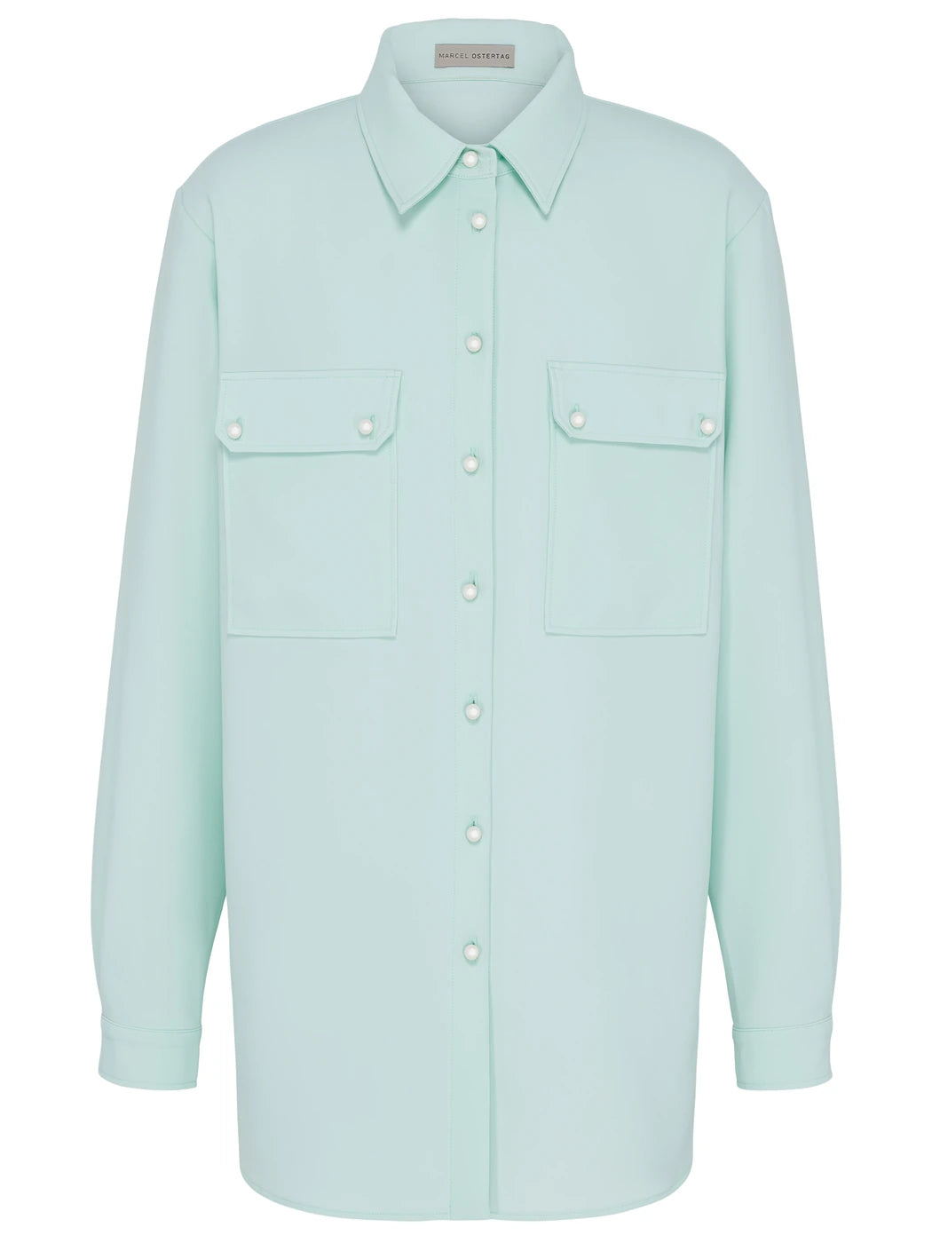Marcel Ostertag Herren-Hemd in Mint mit Perlenknöpfen und aufgesetzten Brusttaschen mit Klappen, Vorderansicht.