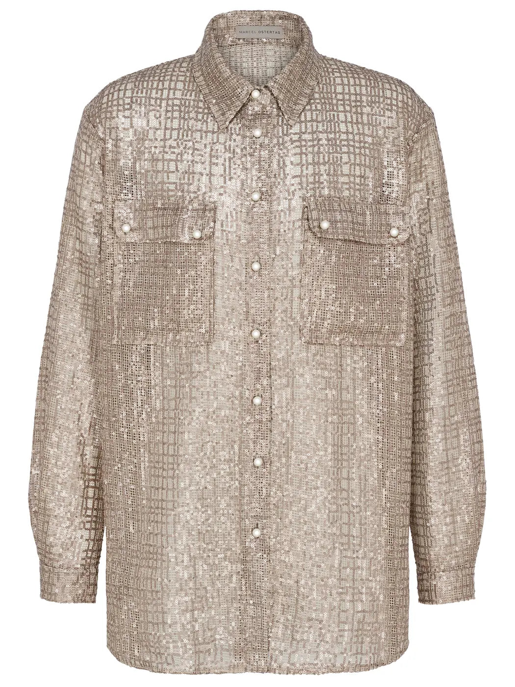 Marcel Ostertag Herren-Hemd aus Paillettenstoff in Gold-Metallic mit Perlenknöpfen und aufgesetzten Brusttaschen, Vorderansicht.