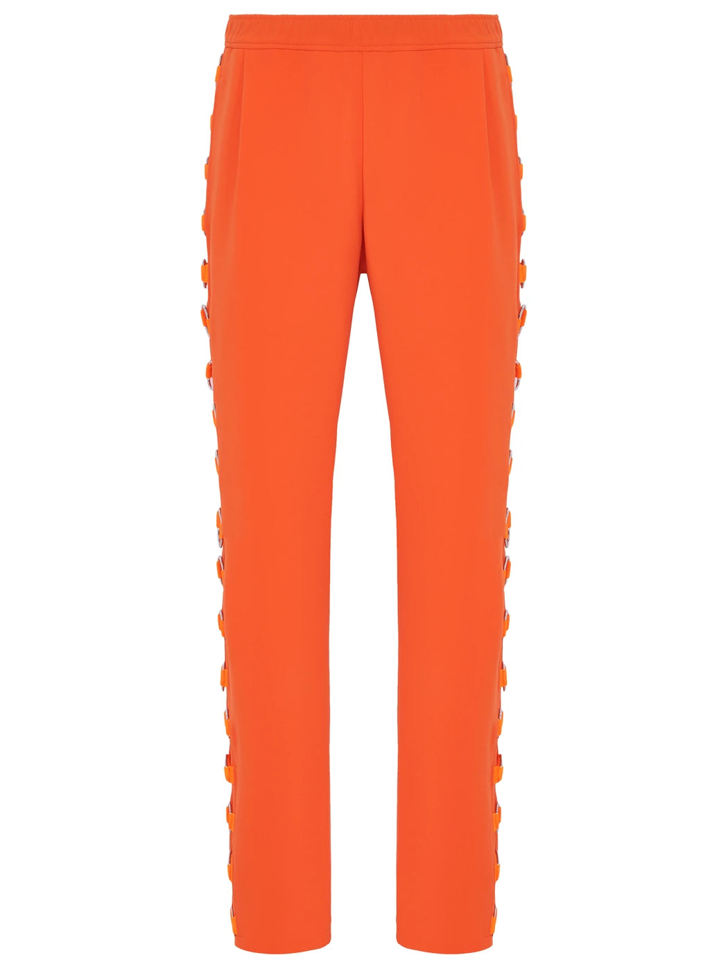 Marcel Ostertag Herren-Hose in Orange mit Metallringen in Silber an der Seite, Vorderansicht.