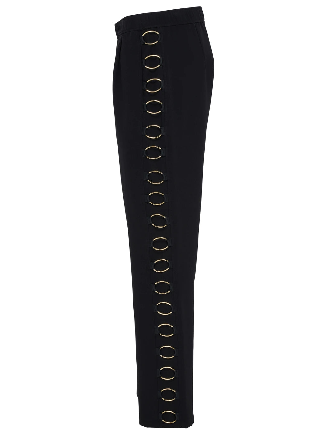 Marcel Ostertag Herren-Hose in Schwarz mit Metallringen in Gold, Seitenansicht.