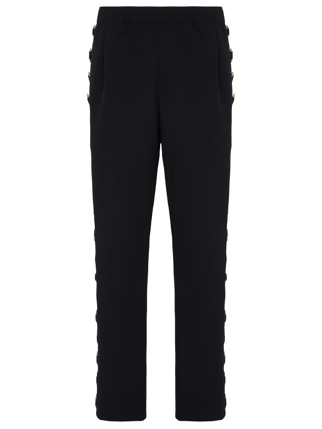 Marcel Ostertag Herren-Hose in Schwarz mit Metallringen in Gold an der Seite, Vorderansicht.