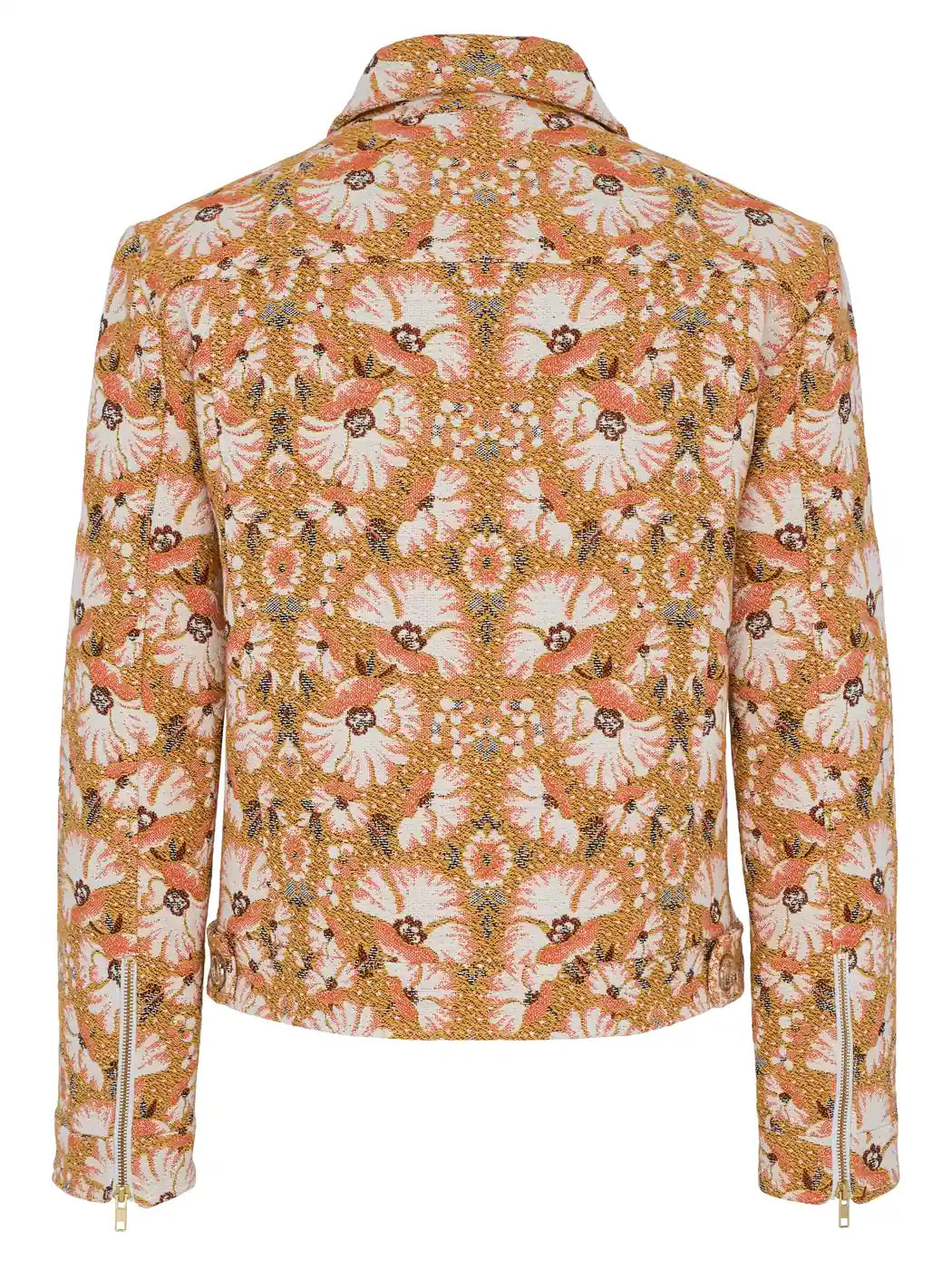 Marcel Ostertag Herren-Jacke aus Jacquard mit Blumenprint und goldenen Reißverschlüssen an den Ärmeln, Rückansicht.