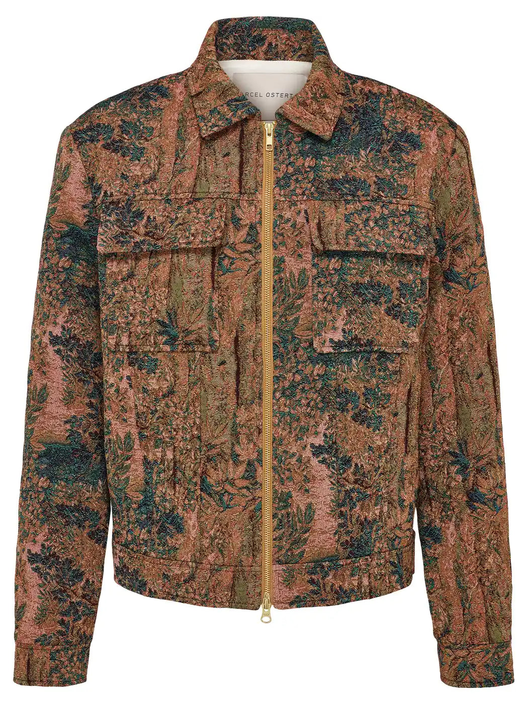 Marcel Ostertag Herren-Jacke aus Jacquard mit floralem Wald-Muster in Grün- und Kupfertönen, durchgehendem Goldreißverschluss und aufgesetzten Brusttaschen, Vorderansicht.