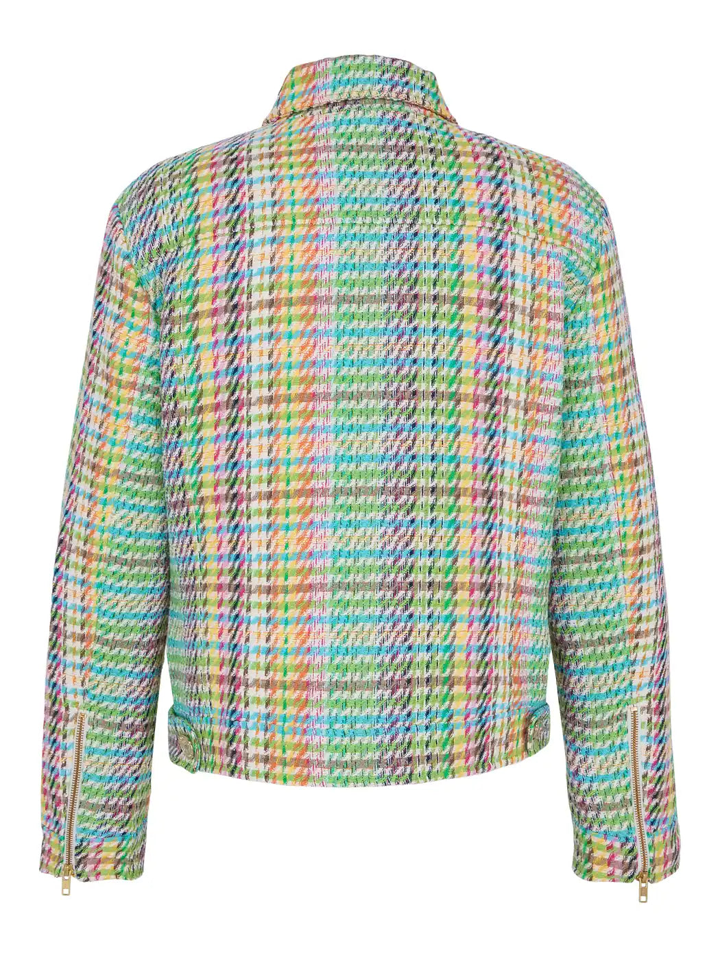 Marcel Ostertag Herren-Jacke aus Tweed im Hahnentrittmuster in Multicolor und mit goldenen Reißverschlüssen an Ärmeln, Rückansicht.