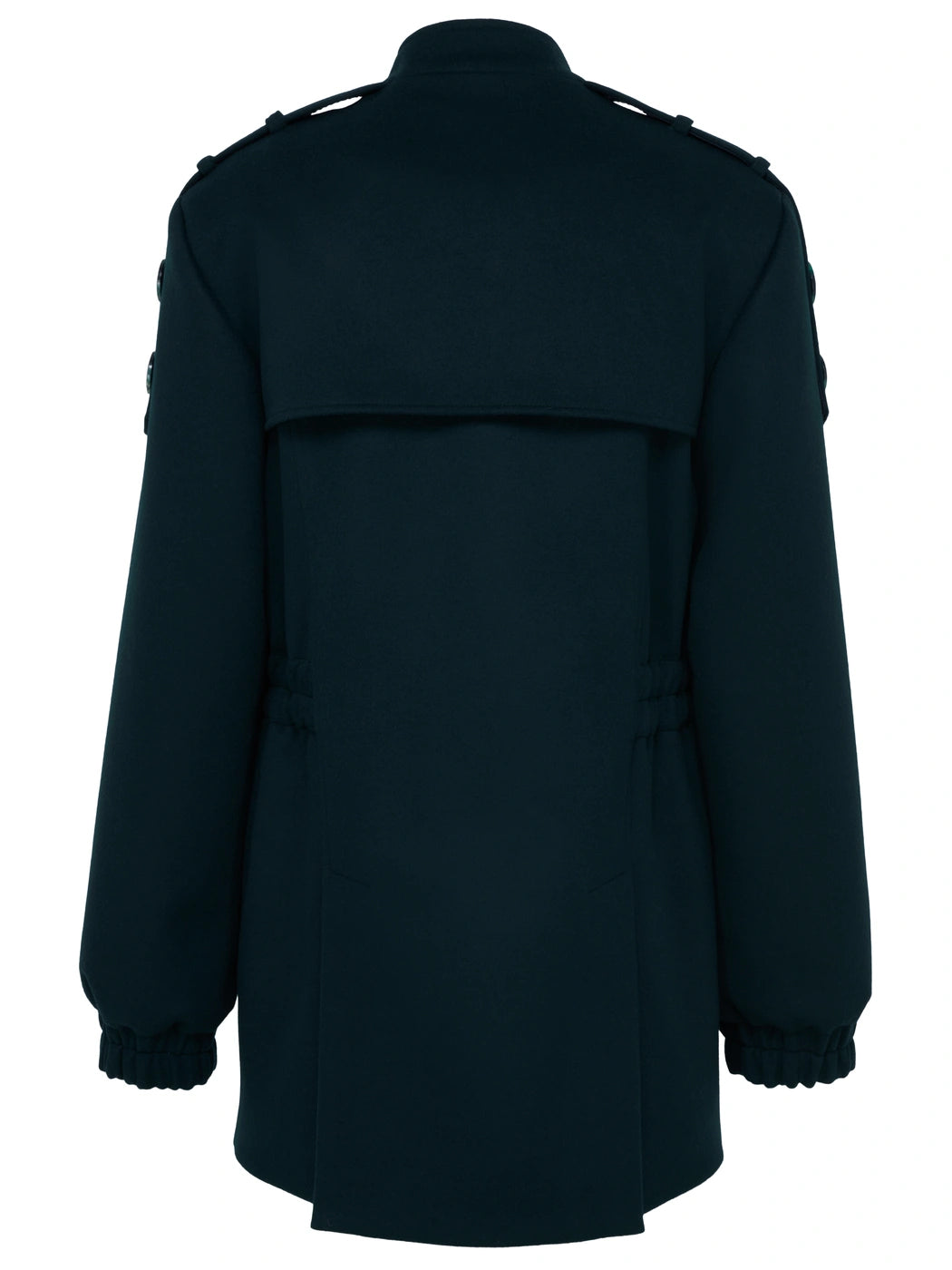 Marcel Ostertag Herren-Jacke aus Wolle in Petrol mit Schulterklappen, Rückenpasse und zwei Gehschlitze, Rückansicht.