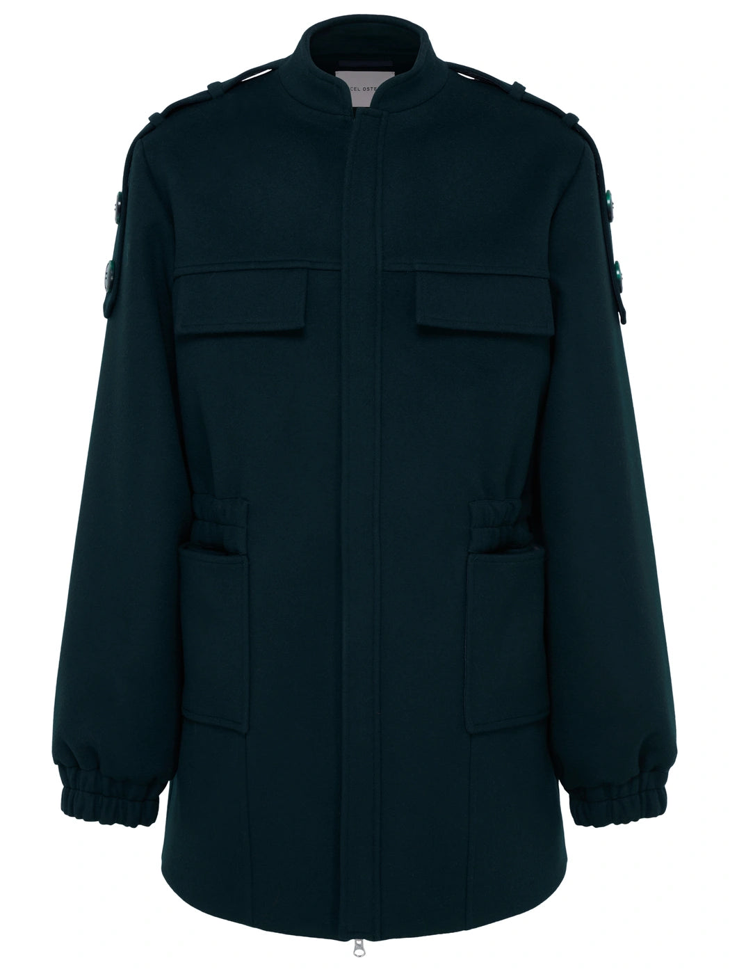 Marcel Ostertag Herren-Jacke aus Wolle in Petrol mit Stehkragen, Schulterklappen, Reißverschluss und aufgesetzten Taschen, Vorderansicht.