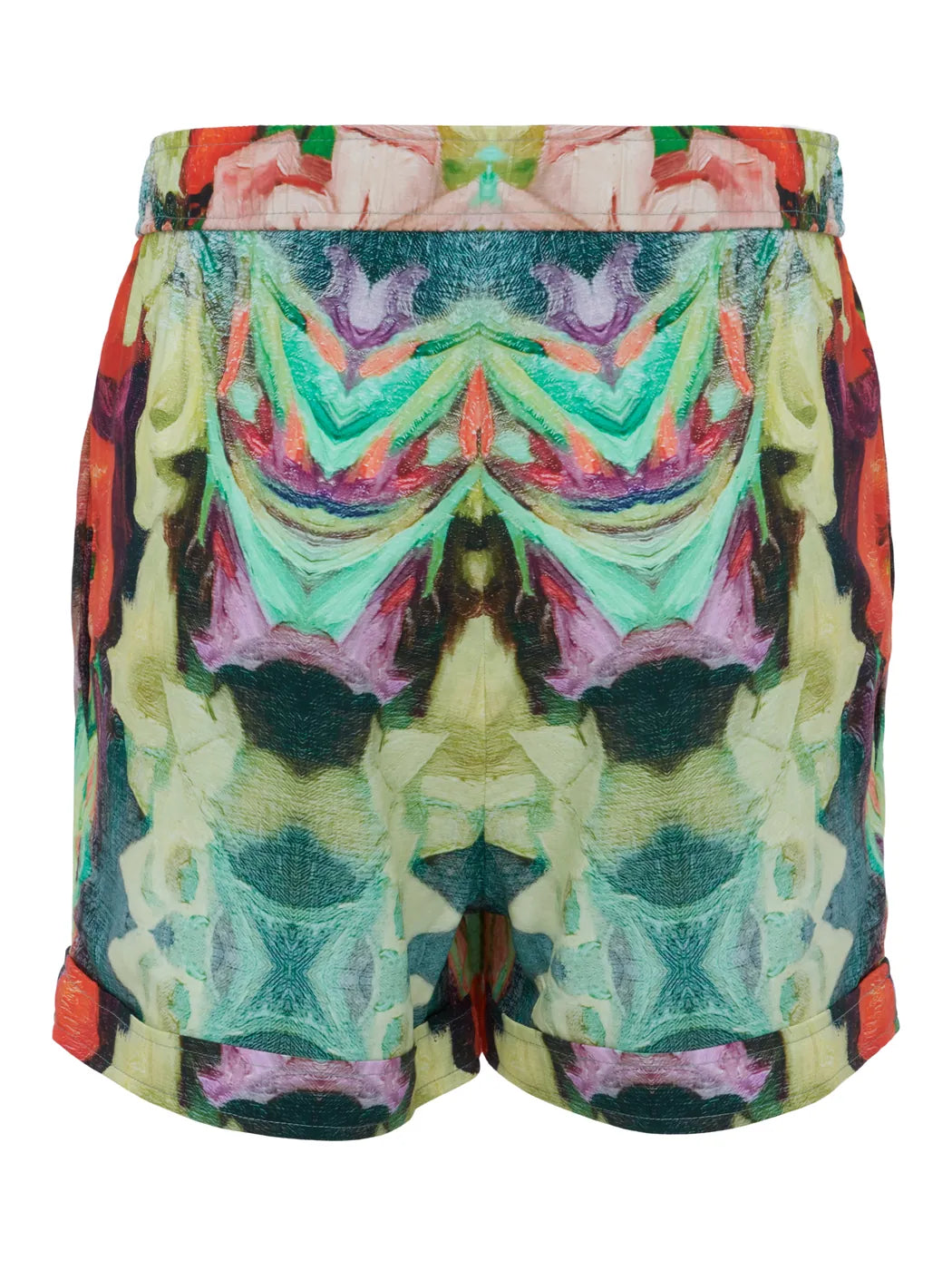 Marcel Ostertag Herren-Shorts mit Blumen-Print in Multicolor mit Rot und Grün, Rückansicht.