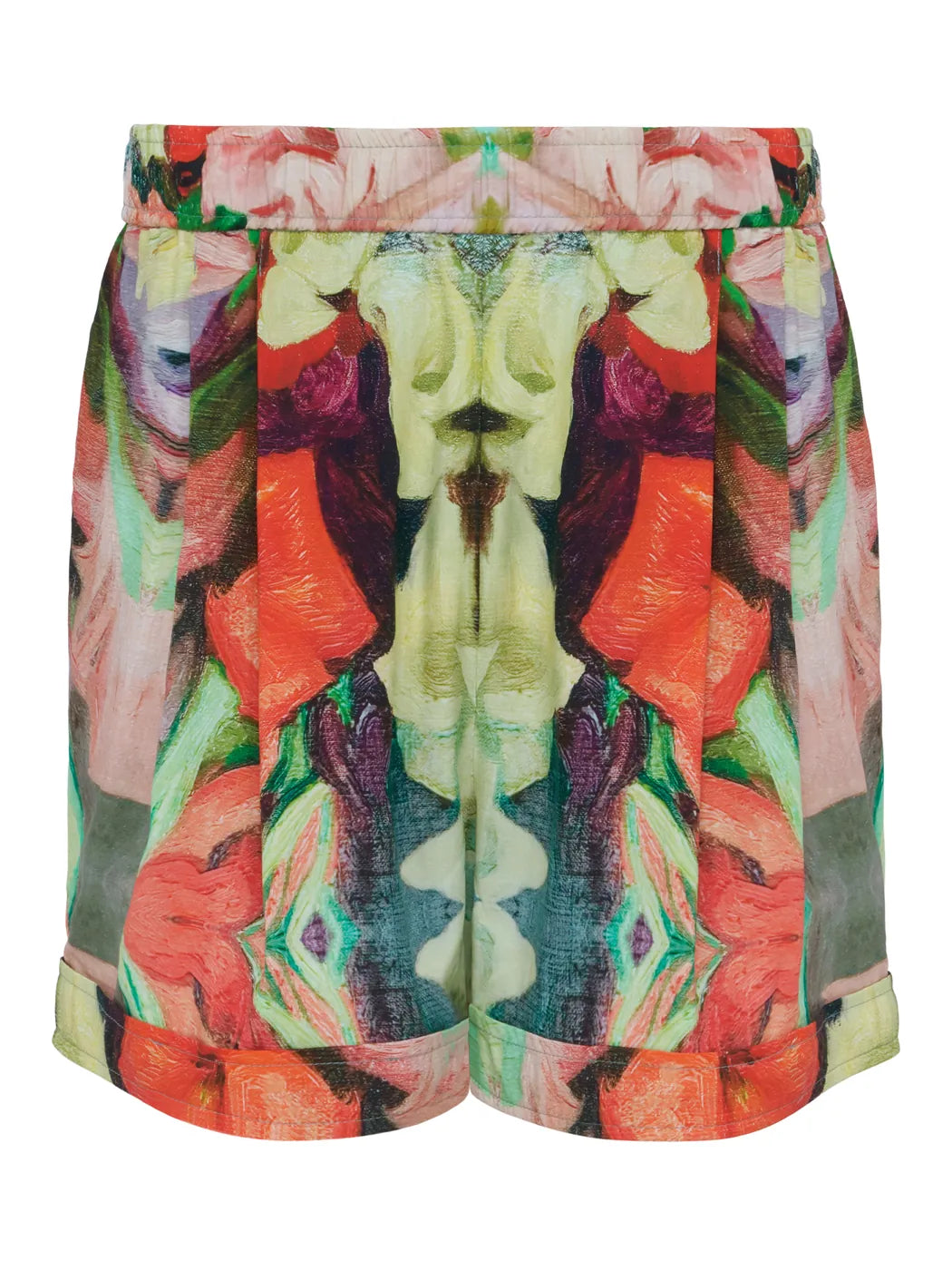 Marcel Ostertag Herren-Shorts mit Blumen-Print in Multicolor mit Rot und Grün und elastischem Bund, Vorderansicht.