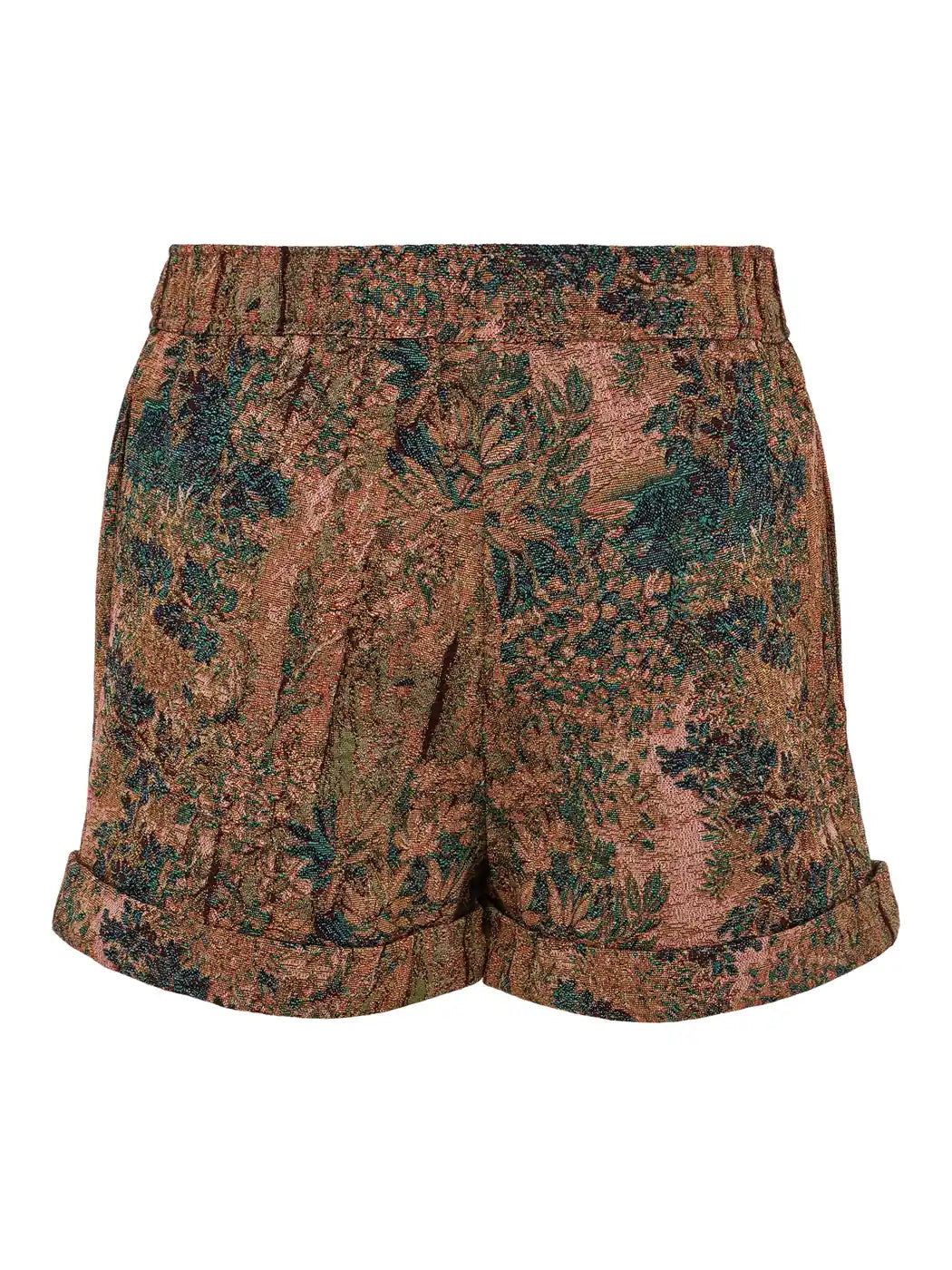 Marcel Ostertag Herren-Shorts aus Jacquard mit floralem Wald-Muster in Grün- und Kupfertönen, mit elastischem Bund und umgeschlagenem Saum, Rückansicht.
