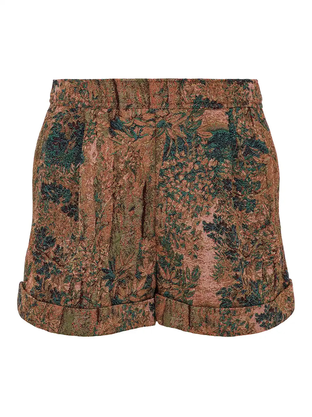 Marcel Ostertag Herren-Shorts aus Jacquard mit floralem Wald-Muster in Grün- und Kupfertönen, mit Bundfalten, Seitentaschen und umgeschlagenem Saum, Vorderansicht.