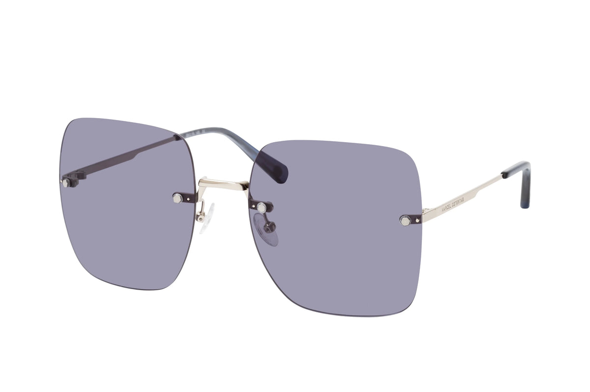 Marcel Ostertag Randlose Sonnenbrille Paradis F12, Quadratische Gläser in Grau, silberner Metallbügel, Bügelende in Transparent Grau, Dreiviertelansicht.