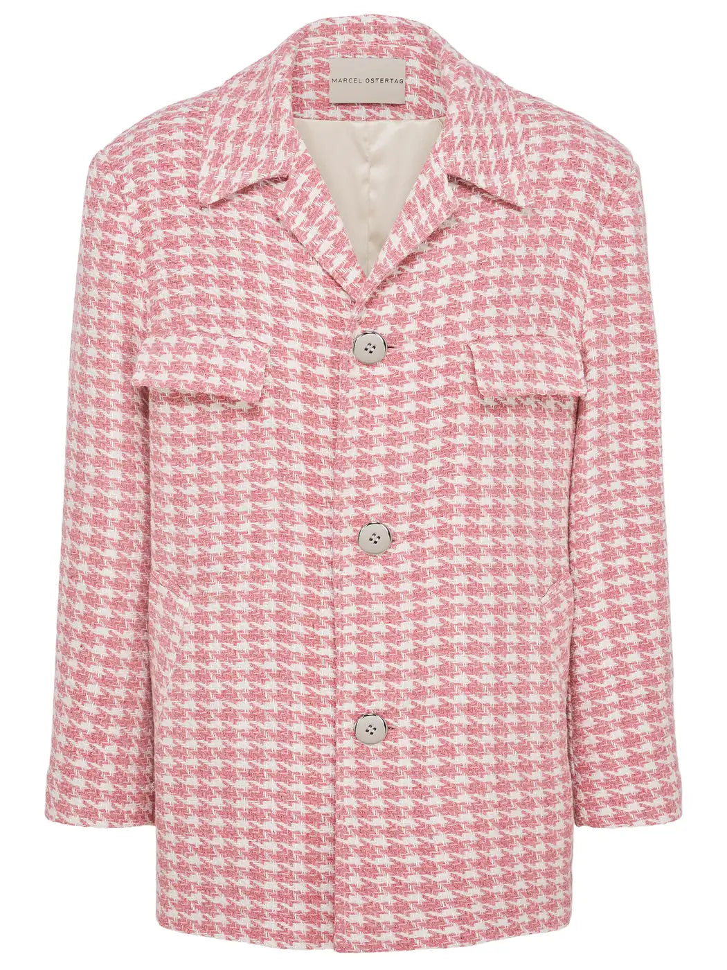 Marcel Ostertag Unisex-Tweedjacke mit Hahnentritt-Muster in Rosa und Weiss, mit Knopfleiste und aufgesetzten Taschen, Vorderansicht.