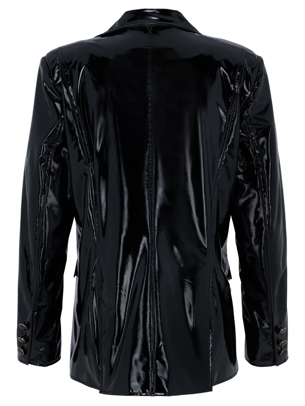 Marcel Ostertag Unisex-Blazer in Schwarz aus glänzendem Lack-Material, Rückansicht.