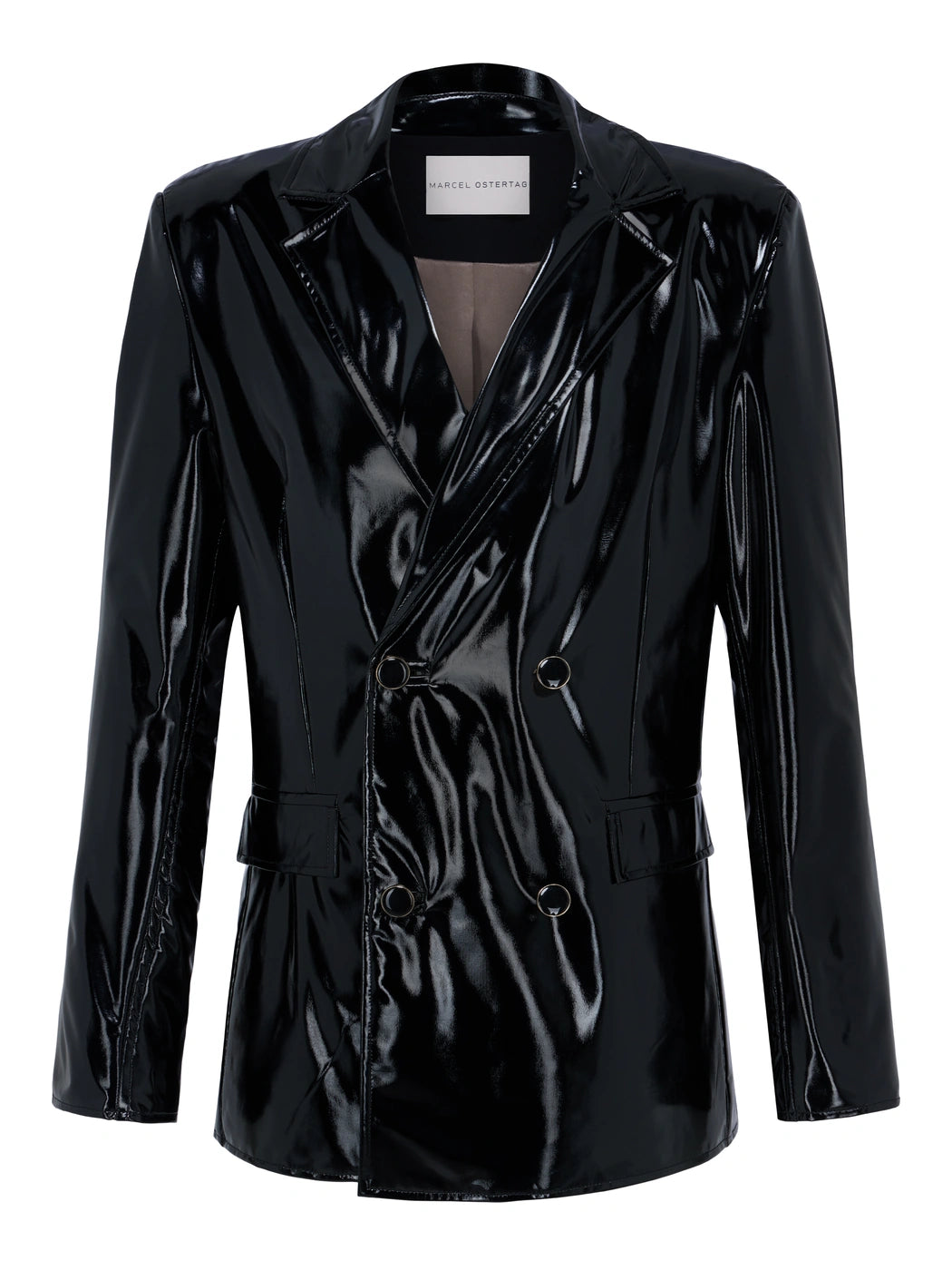Marcel Ostertag Unisex-Blazer in Schwarz aus Lack-Material, zweireihig mit Knöpfen, Vorderansicht.