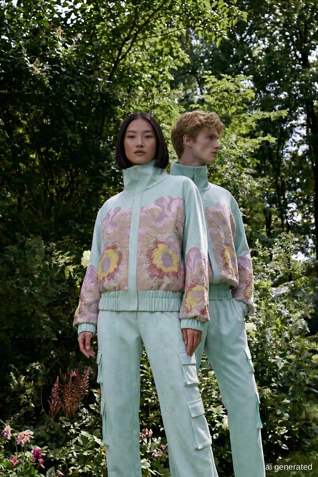 Marcel Ostertag Unisex-Bomberjacke Embroidery Mint, von Hand bestickt mit floralem Perlenmotiv, getragen von zwei Models mit passender Cargohose im Garten, Vorderansicht (KI-generiertes Bild)