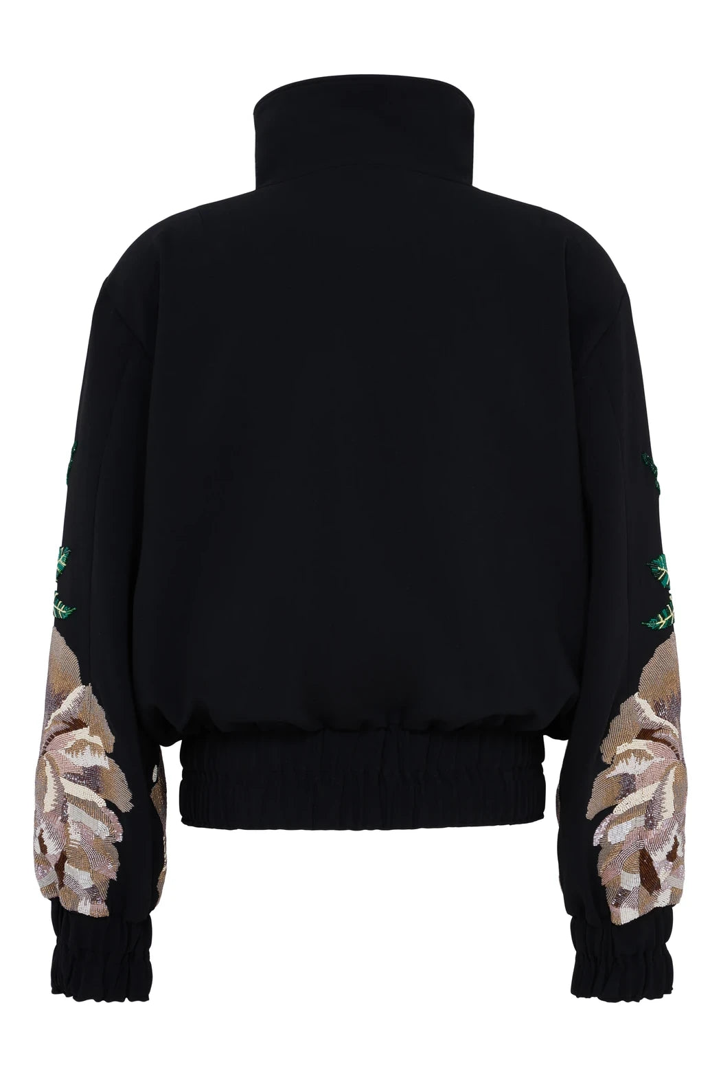 Marcel Ostertag Unisex-Bomberjacke Embroidery Schwarz, von Hand bestickt mit Rosen und Blättern aus Perlen, Rückansicht