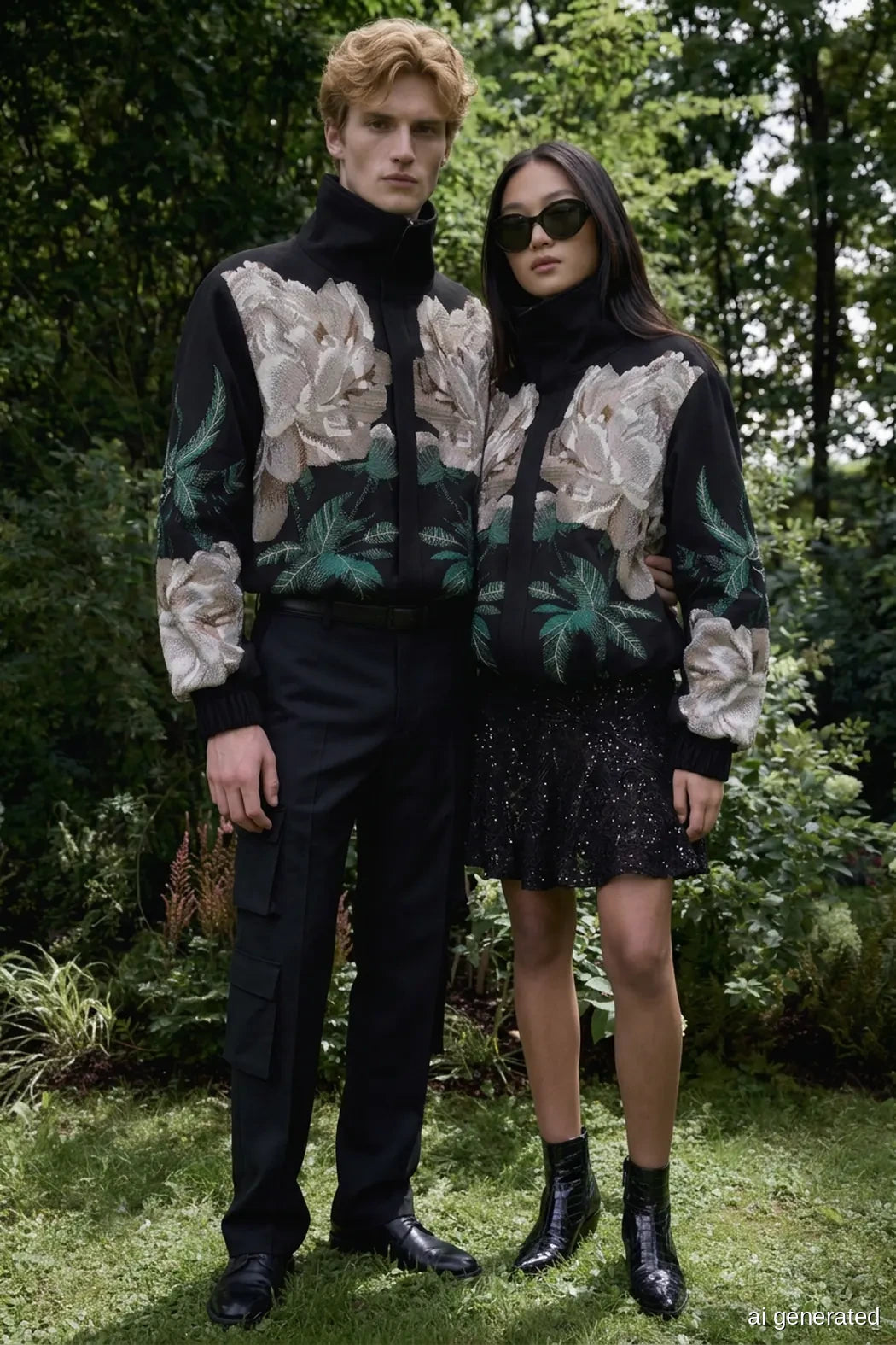 Marcel Ostertag Unisex-Bomberjacke Embroidery Schwarz, von Hand bestickt mit Rosen und Blättern aus Perlen, getragen von zwei Models im Garten, Vorderansicht (KI-generiertes Bild)