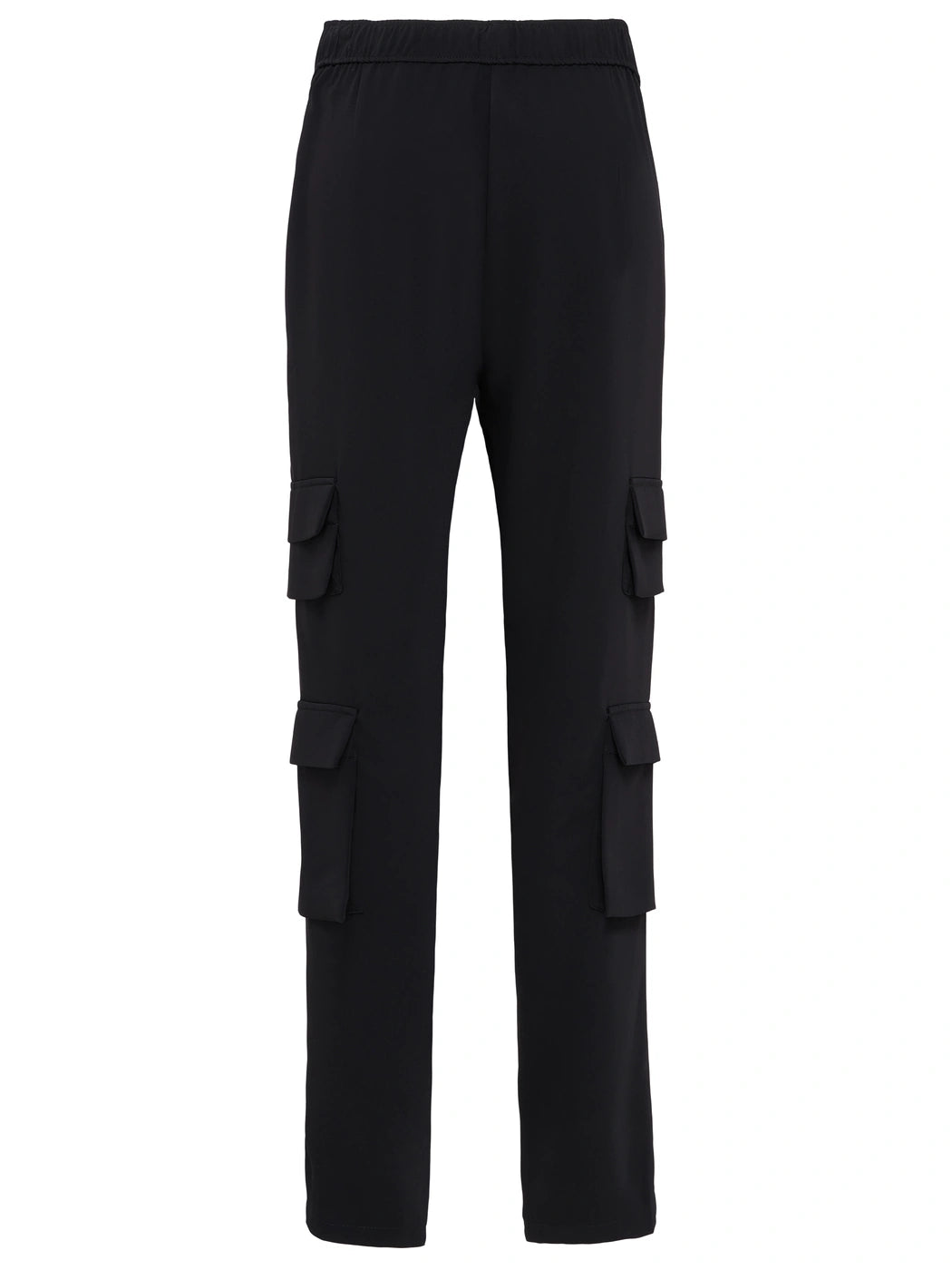 Marcel Ostertag Unisex-Cargohose in Schwarz, elastischer Bund und seitliche Cargotaschen, Rückansicht.