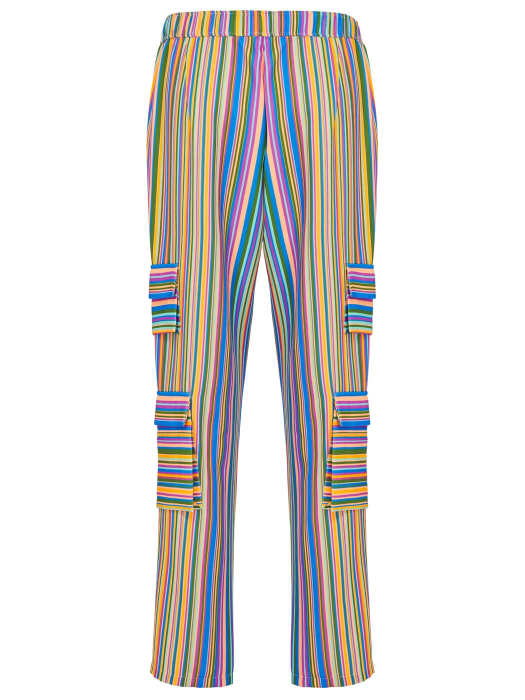Marcel Ostertag Unisex-Cargohose mit Streifenprint in Gelb, Grün, Pink, Hellblau und Türkis, seitliche Cargotaschen und elastischer Bund, Rückansicht.