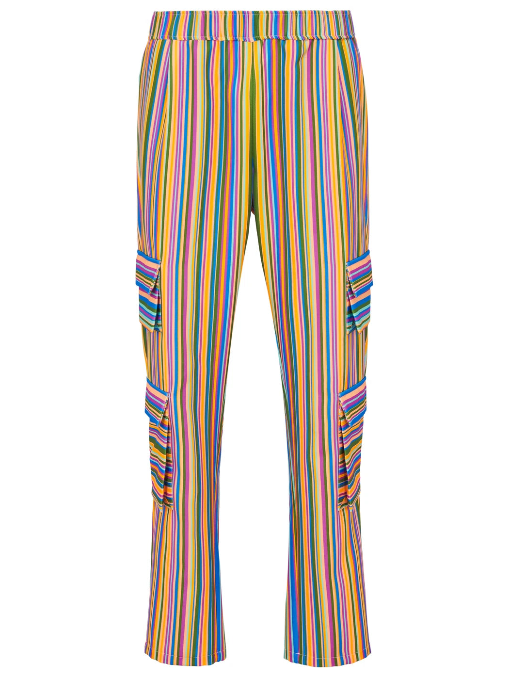 Marcel Ostertag Unisex-Cargohose mit Streifenprint in Gelb, Grün, Pink, Hellblau und Türkis, seitliche Cargotaschen und elastischer Bund, Vorderansicht.