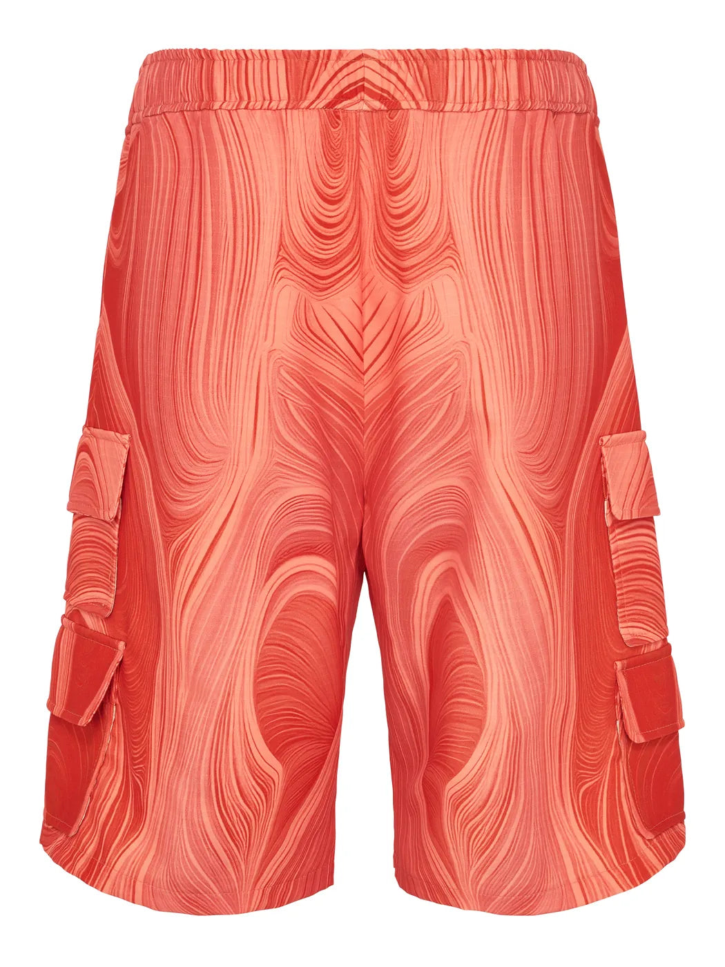 Marcel Ostertag Unisex Cargo-Shorts mit abstraktem Wellenmuster in Rot und Koralle, seitliche Cargo-Taschen und elastischer Bund, Rückansicht.