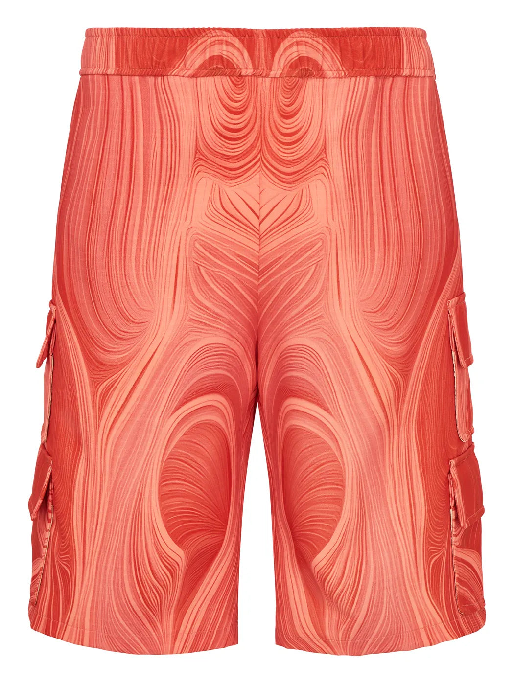 Marcel Ostertag Unisex Cargo-Shorts mit abstraktem Wellenmuster in Rot und Koralle, seitliche Cargo-Taschen, Vorderansicht.