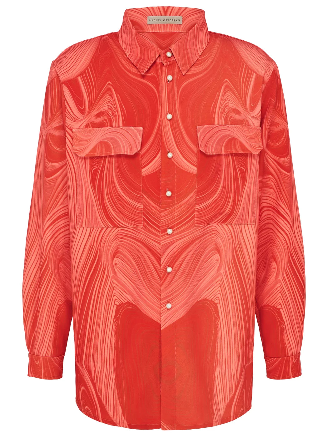Marcel Ostertag Unisex Hemdkleid und Hemd, kann als beides getragen werden, mit abstraktem Marmor-Print in Rot, Brusttaschen und Perlenknöpfen, Vorderansicht.