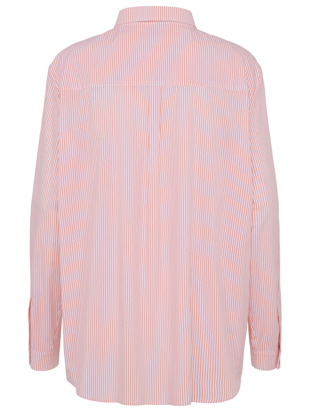Marcel Ostertag Unisex-Hemd und Hemdkleid, kann als beides getragen werden, mit Rückenfalte und Streifen in Lachs und Weiss, Rückansicht.