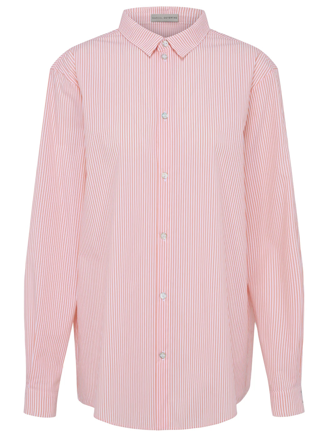 Marcel Ostertag Unisex-Hemd und Hemdkleid, kann als beides getragen werden, mit Streifen in Lachs, Weiß und Perlmuttknöpfen, Vorderansicht.