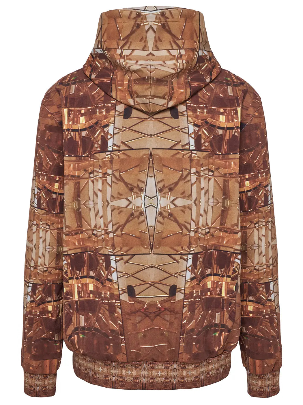 Marcel Ostertag Unisex-Hoodie in warmen Brauntönen mit Kapuze und elastischen Bündchen, Print von Seventies Lampe inspiriert, Rückansicht.