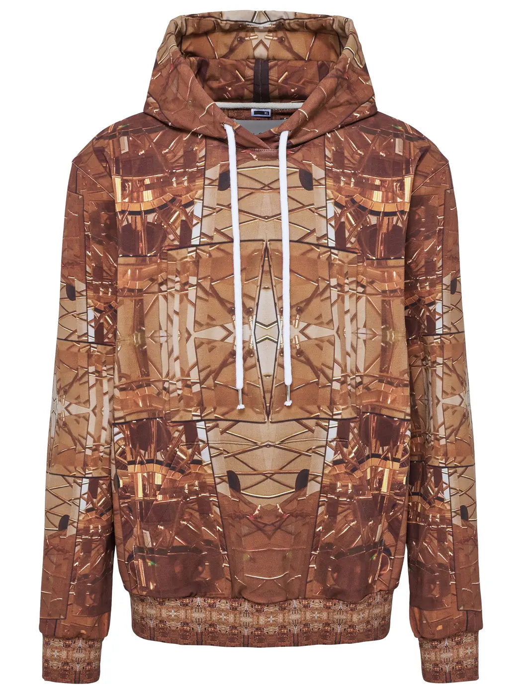 Marcel Ostertag Unisex-Hoodie in warmen Brauntönen mit Kängurutasche, Weisse Kapuzenkordel und elastische Bündchen, Print von Seventies Lampe inspiriert, Vorderansicht.
