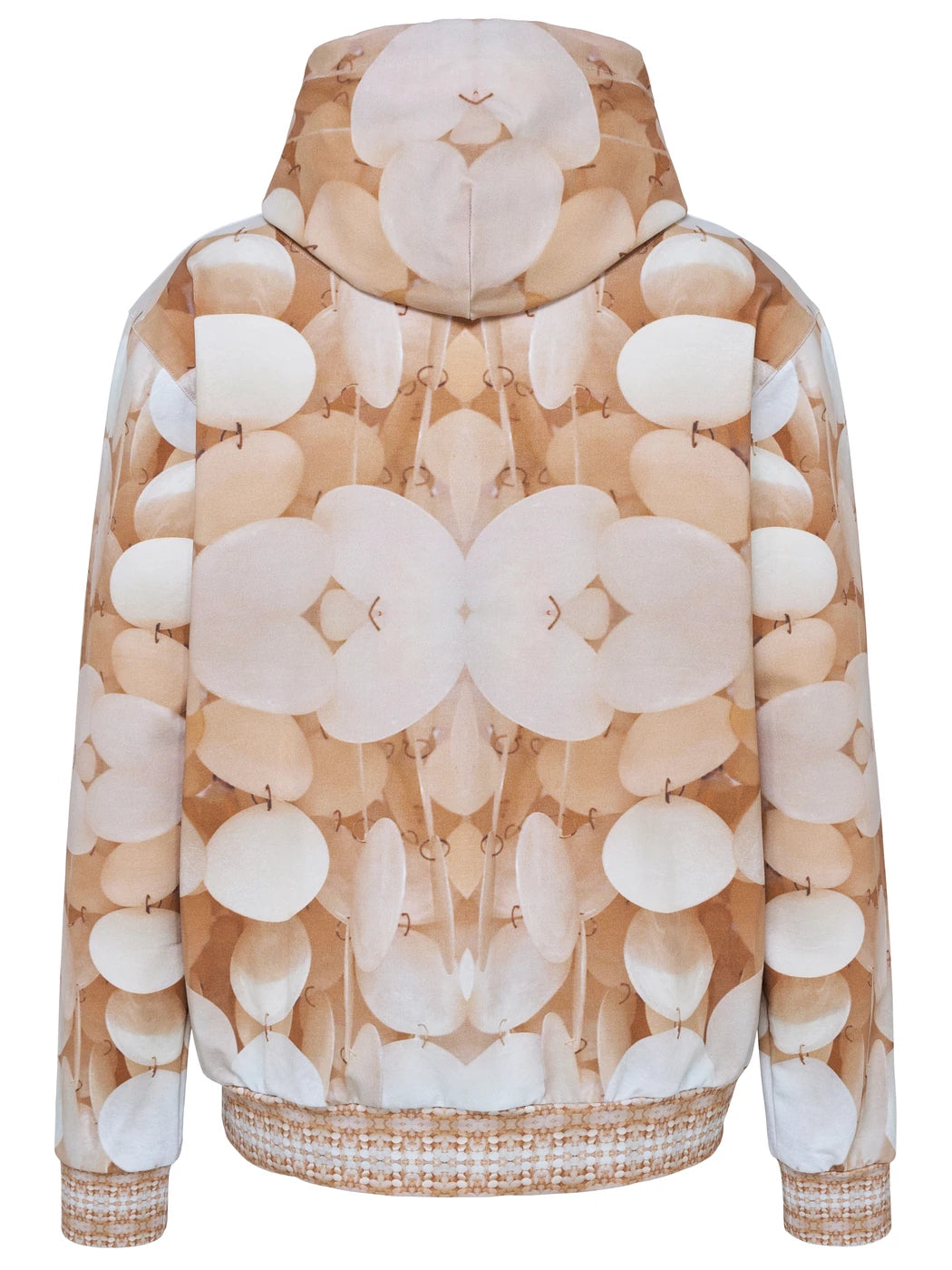 Marcel Ostertag Unisex-Hoodie in Creme-Beige mit Perlmutt-Print und elastische Bündchen, Rückansicht.