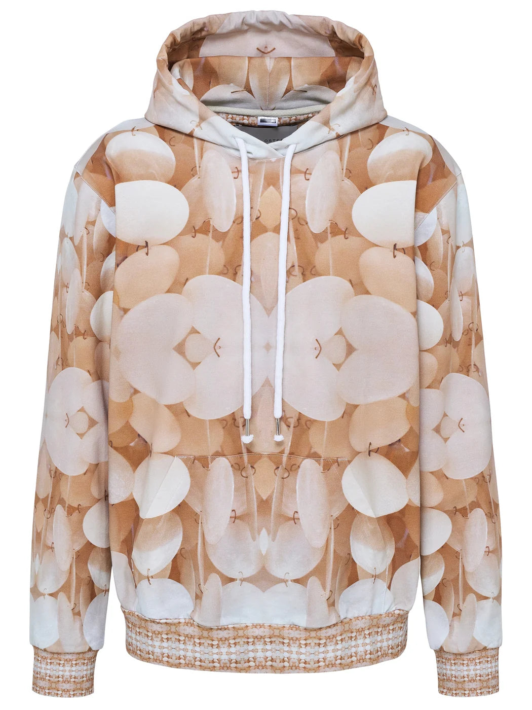 Marcel Ostertag Unisex-Hoodie in Creme-Beige mit Perlmutt-Print und Kängurutasche, Weisse Kapuzenkordel und elastische Bündchen, Vorderansicht.