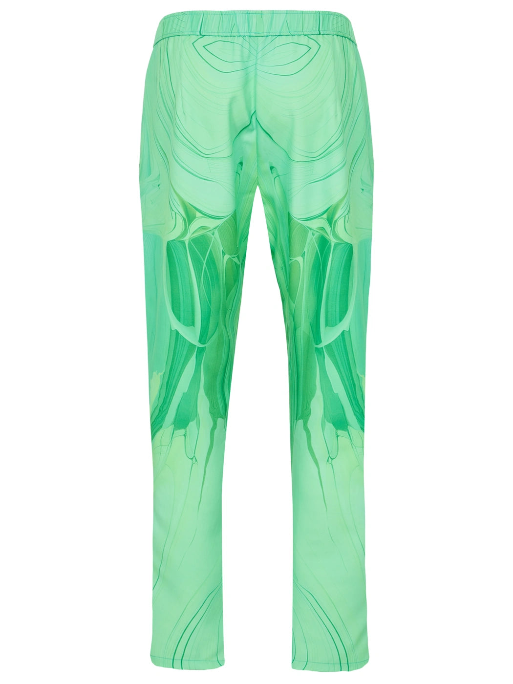 Marcel Ostertag Unisex-Hose in Grün mit abstraktem Marmor-Print und elastischem Bund, Rückansicht.