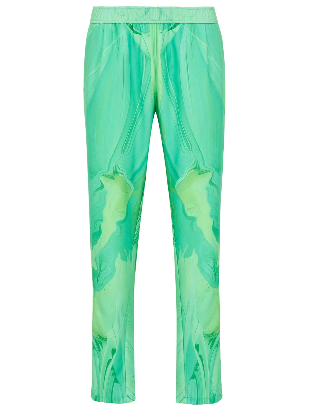 Marcel Ostertag Unisex-Hose in Grün mit abstraktem Marmor-Print und elastischem Bund, Vorderansicht.