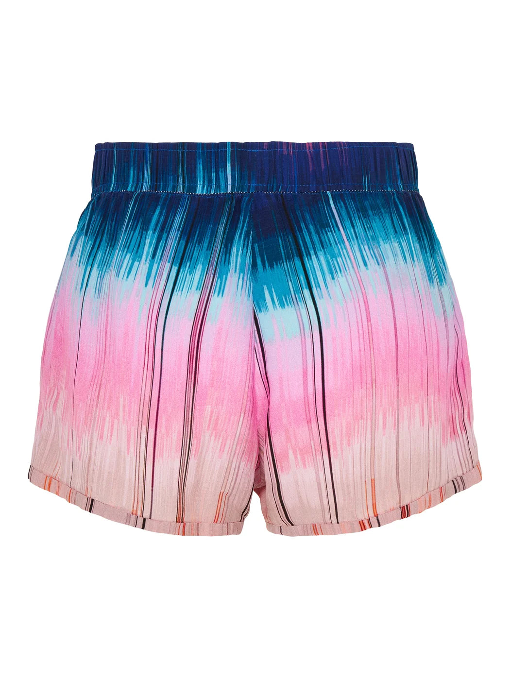 Marcel Ostertag Unisex-Shorts mit abstrakt, quer verlaufenden Streifen in Blau, Türkis und Rosa, mit elastischen Bund, Rückansicht.