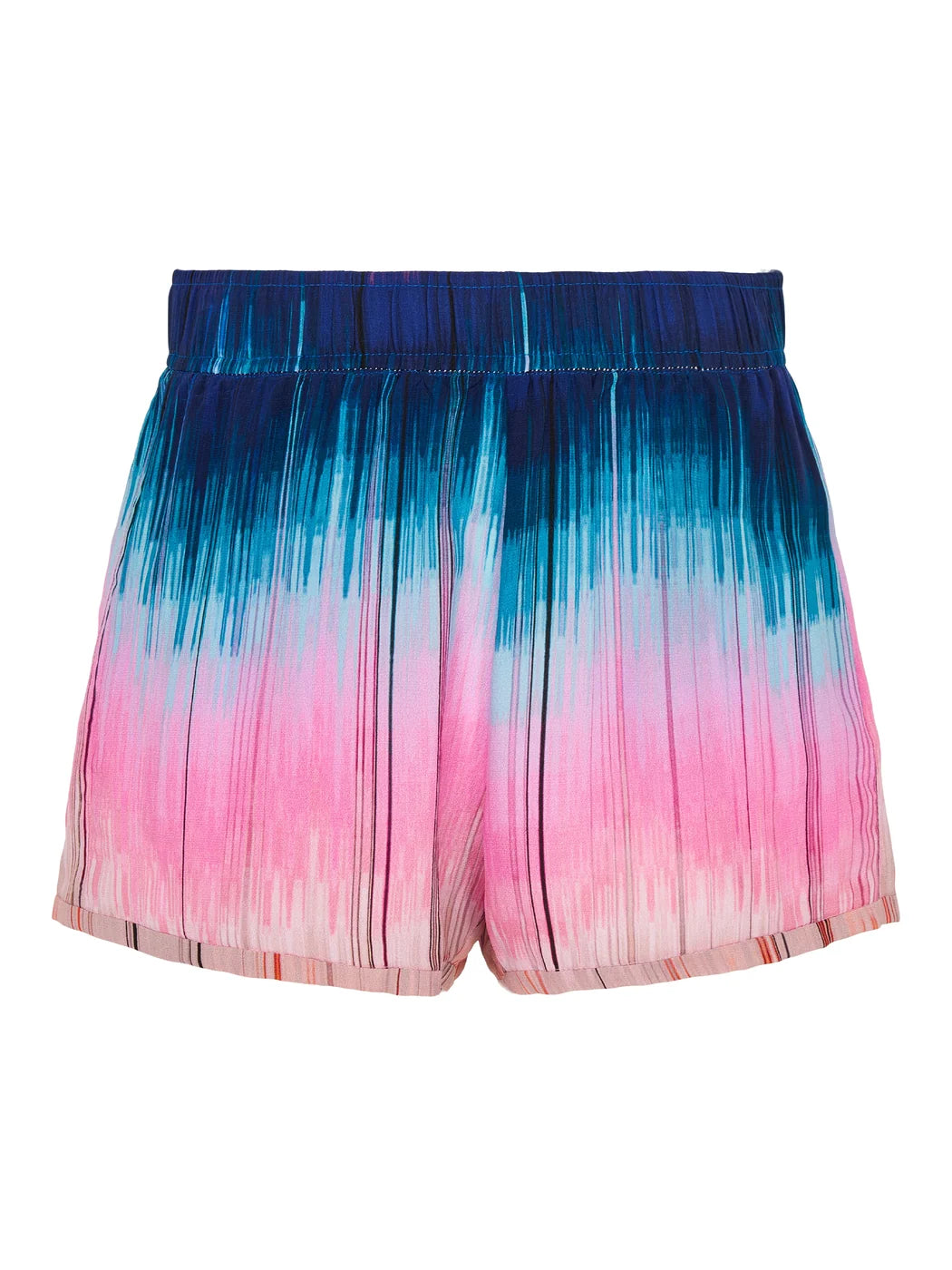 Marcel Ostertag Unisex-Shorts mit abstrakt, quer verlaufenden Streifen in Blau, Türkis und Rosa, mit elastischen Bund, Vorderansicht.