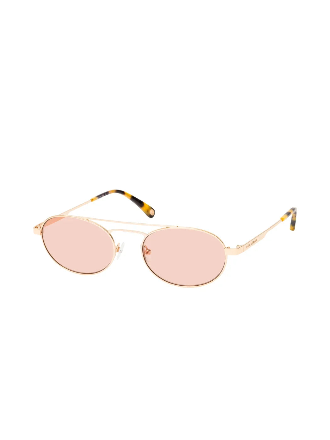 Marcel Ostertag Sonnenbrille Baradoz H11, Metallrahmen in Gold und Doppelsteg, Ovale Gläser in Rose, Bügelende in Dark Havanna Optik, Dreiviertelansicht.