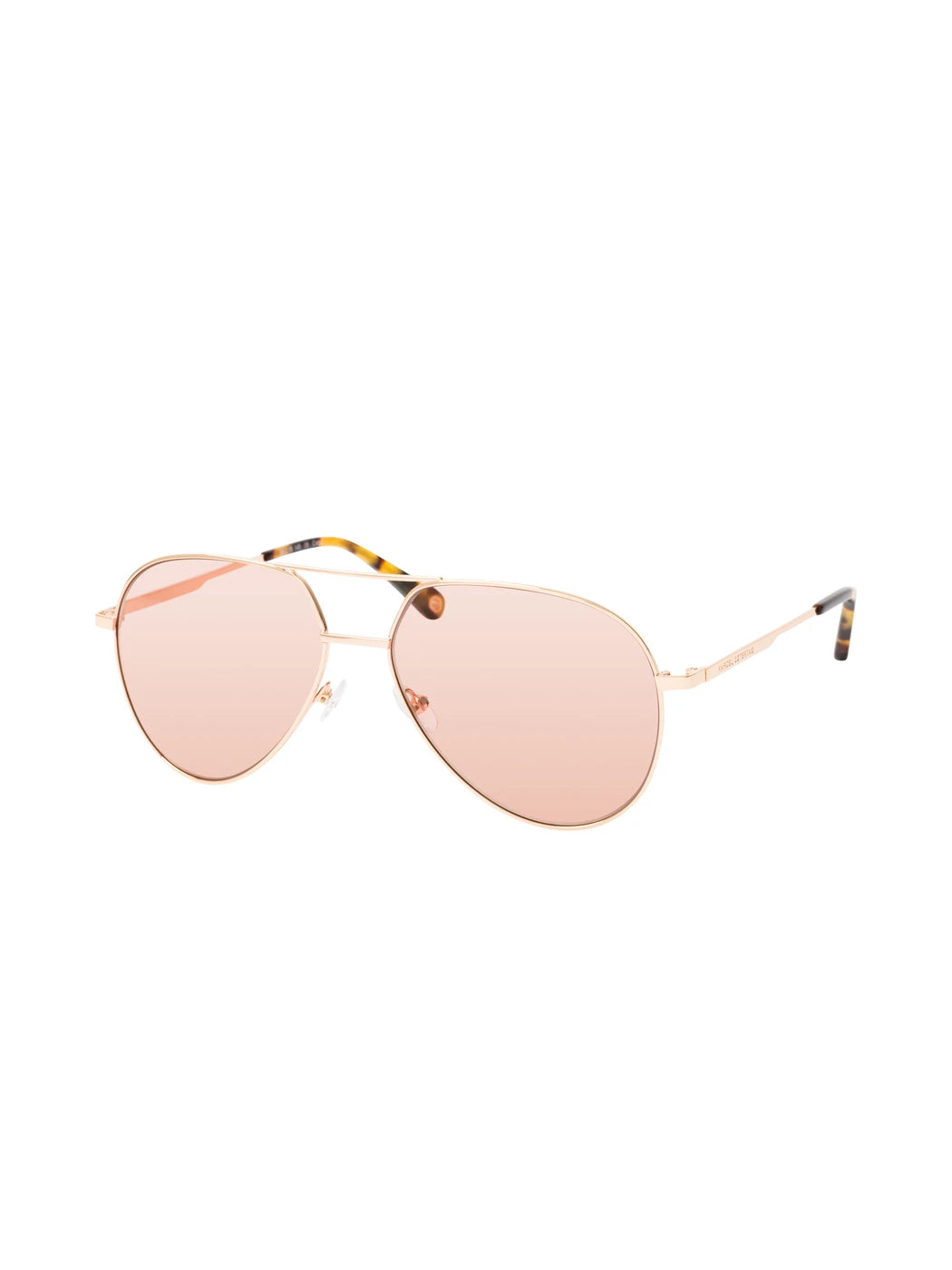 Marcel Ostertag Unisex-Sonnenbrille Cheonguk in Gold, Pilotenform aus Metall mit rosé Gläsern und Bügelenden in Havana-Optik, Dreiviertelansicht
