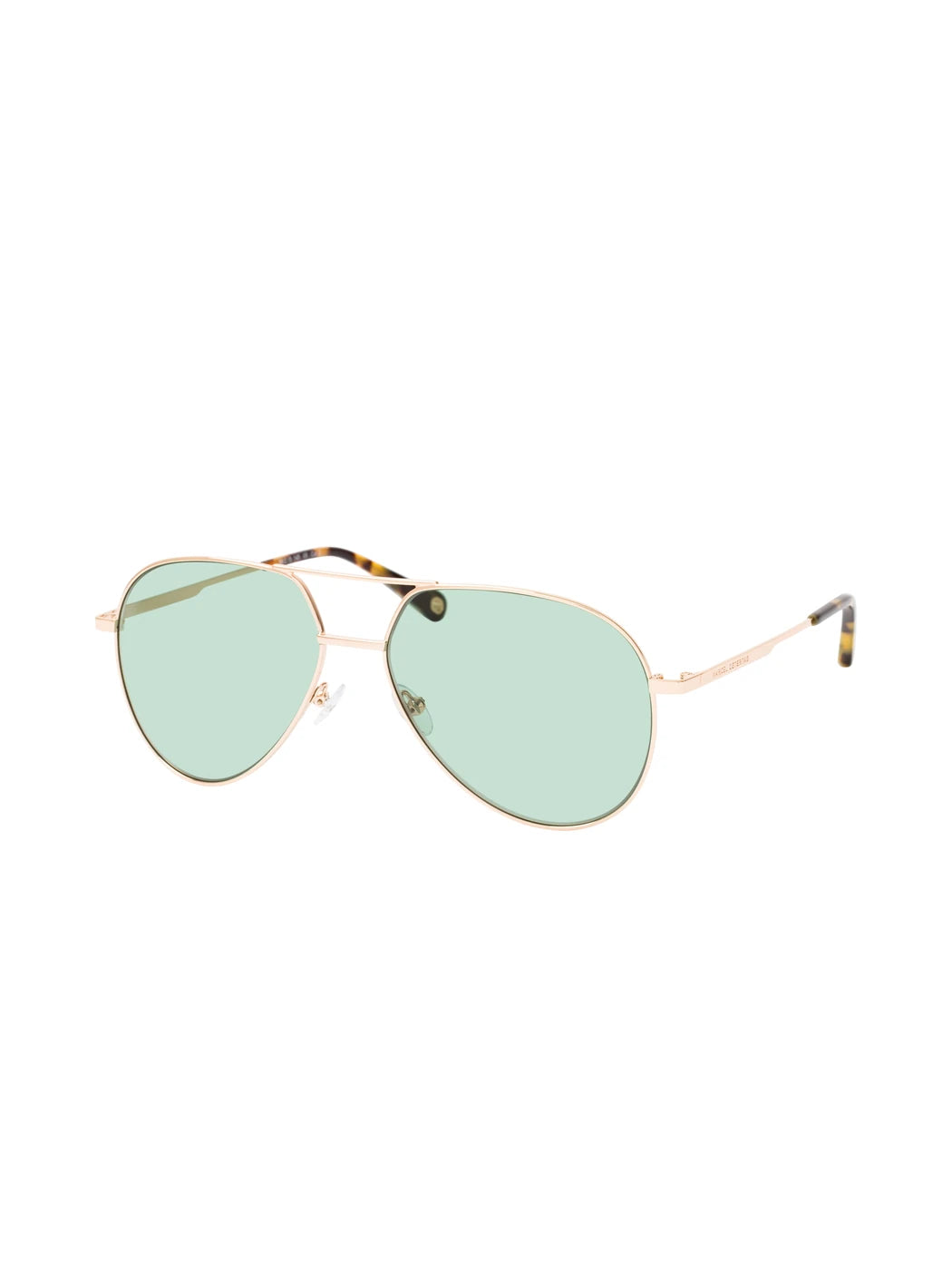 Marcel Ostertag Unisex-Sonnenbrille Cheonguk in Gold, Pilotenform aus Metall mit grünen Gläsern und Havanna-Bügelenden, Dreiviertelansicht
