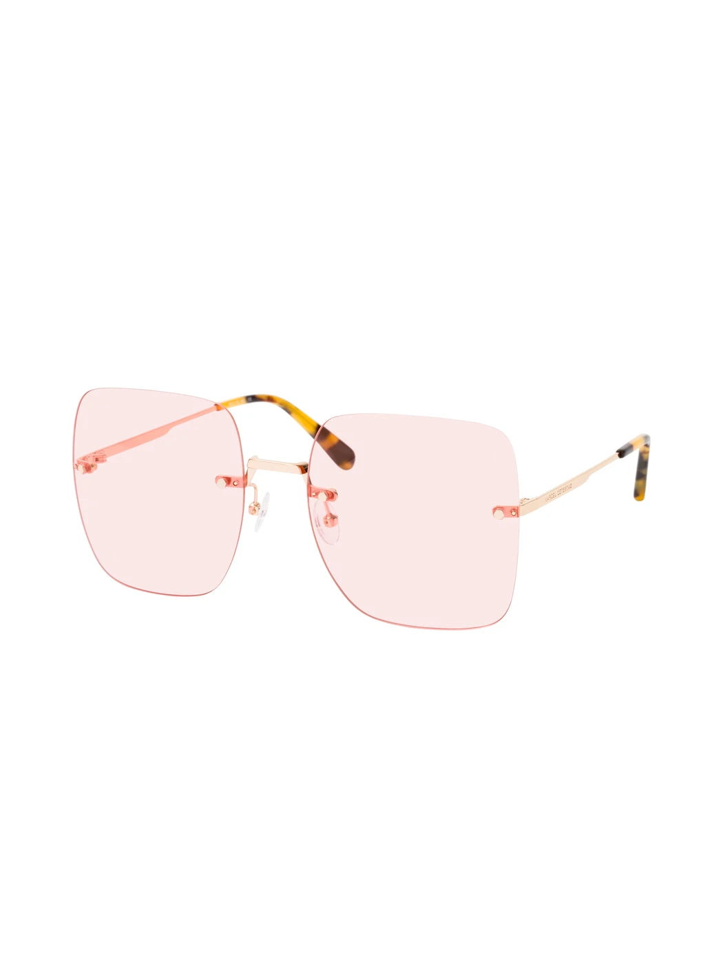 Marcel Ostertag Unisex-Sonnenbrille Paradis in Gold-Rosa, randlose eckige Gläser mit goldenen Metallbügeln, Dreiviertelansicht
