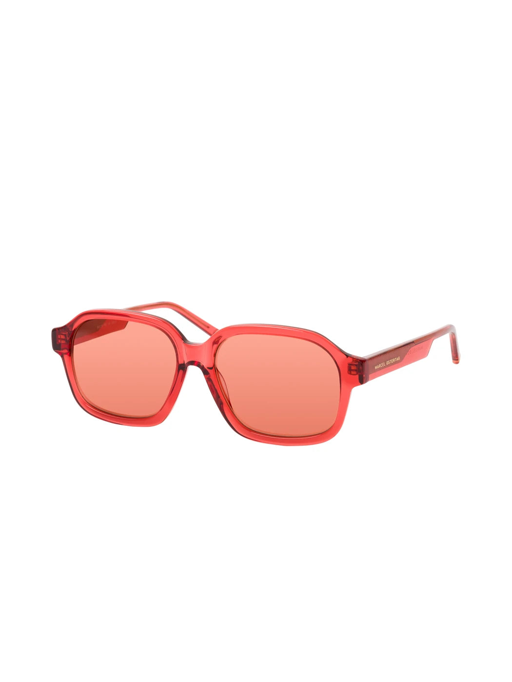 Marcel Ostertag Unisex-Sonnenbrille Paratiisi in Orange-Rot, quadratische Acetat-Vollrandfassung mit roten Gläsern, Dreiviertelansicht