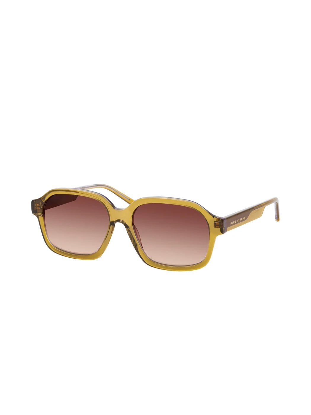 Marcel Ostertag Unisex-Sonnenbrille Paratiisi in Olive-Grün, quadratische Acetat-Vollrandfassung mit braunen Gläsern, Dreiviertelansicht